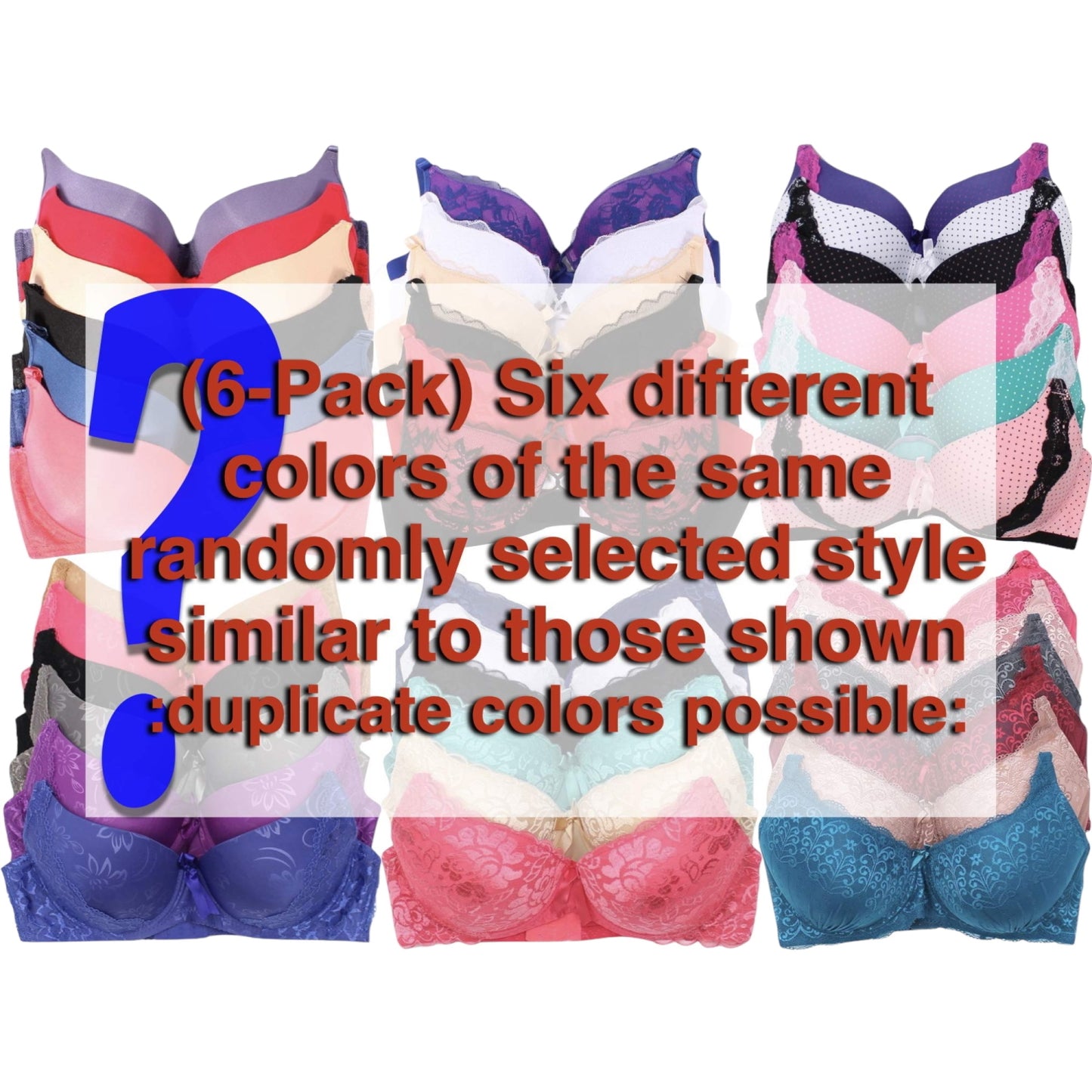 Women's 6-Item Pack of Random Assortment Print Bras with Underwire Sizes 30A to 40C