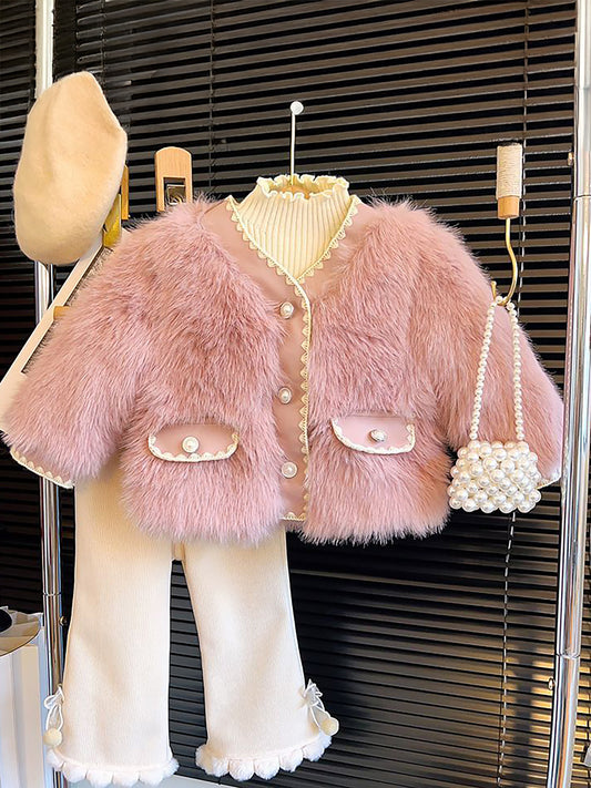 Girls' Winter Coat with Fluffy Fur Collar & Plush - Elegant Round Neck Long Sleeve Warm Jacket, Soft Outerwear with Pockets, Cute & Stylish for Everyday & Special Occasions, Cozy Cold-Weather Outerwear for (Pink & More), Wint