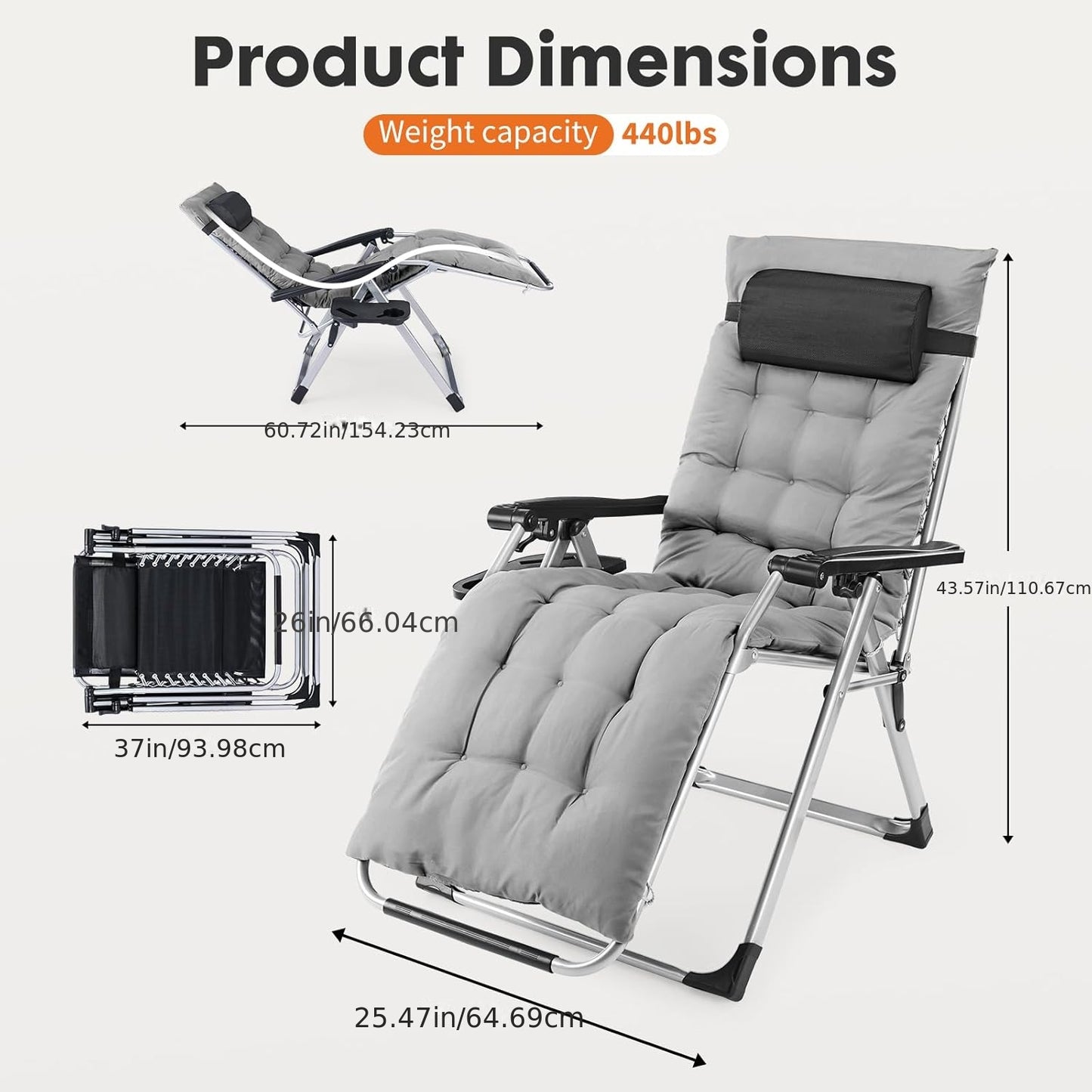 Zero Gravity Recliner with Foldable Headrests | Recliner with Cup Holder Tray and Detachable Cushion, Indoor/Outdoor Use, Black/Gray - EDX Brand