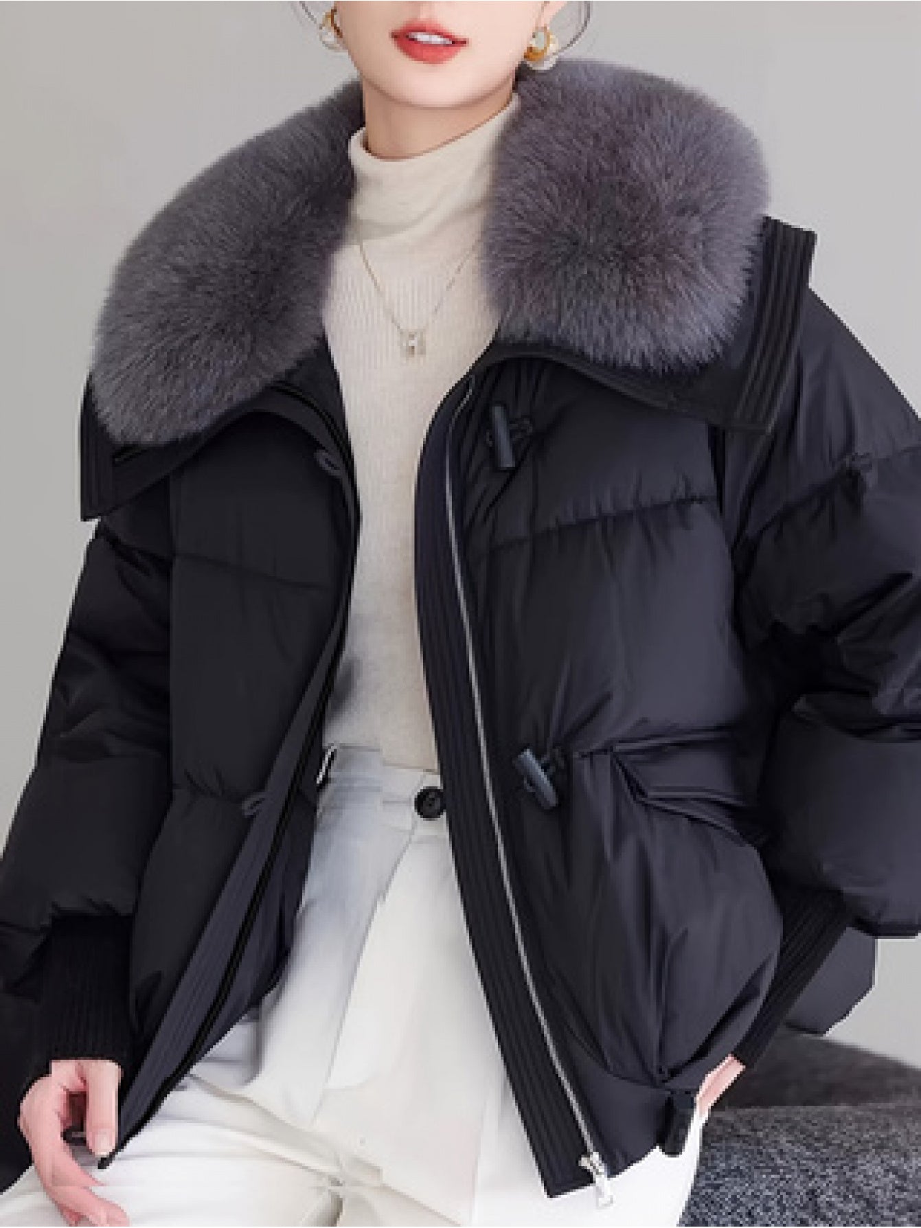 Women's Elegant Faux Fur Hooded Jacket with Thickened Fleece Lining - Windproof Winter Coat, Full-Zip Insulated Outerwear, Slim-Fit Warm Jacket with Pockets for Casual & Formal (White/Light Grey) - Cozy Fall & Winter Jacket