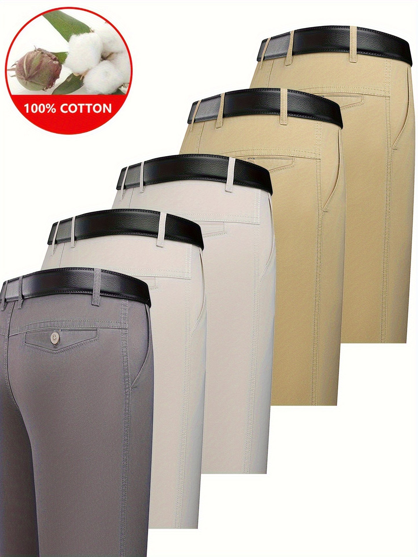 5pcs 100% Cotton Business Casual Pants - High-Waisted Breathable Trousers with Belly, Straight-Leg Cut & Button Closure, Soft Comfortable Pants Suitable for Workplace Commuting & Daily Wear, Spring/Autumn Wardrobe Essential
