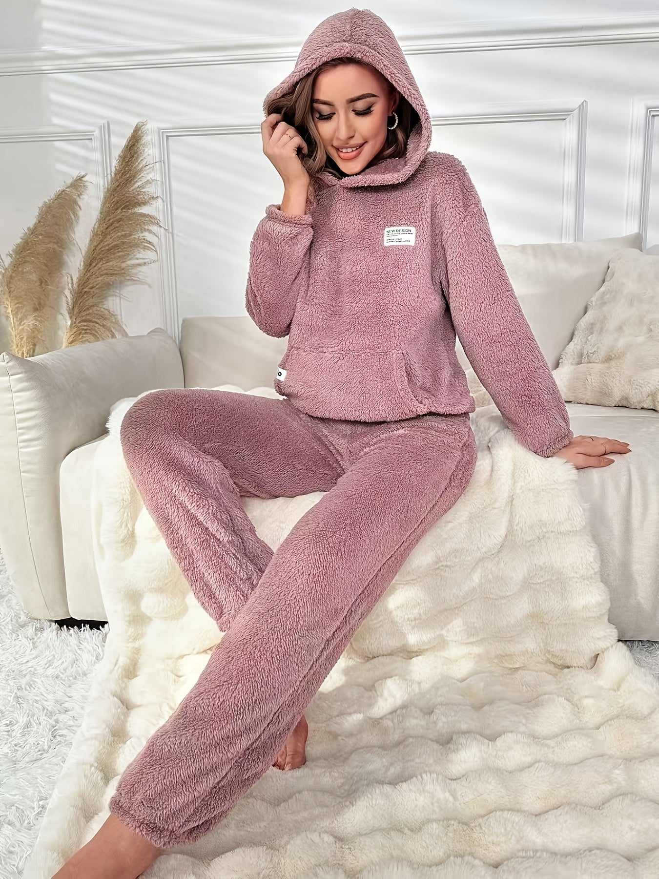 Women'S Cozy Fleece Hoodie & Pants Set - Soft Pink Casual Pajama Outfit with Pockets, Long Sleeves, and Drawstring Waist, Perfect for Relaxing at Home, Allseason Pajamas|Casual Style|Soft Fleece Material, Curvy Women Pajamas,