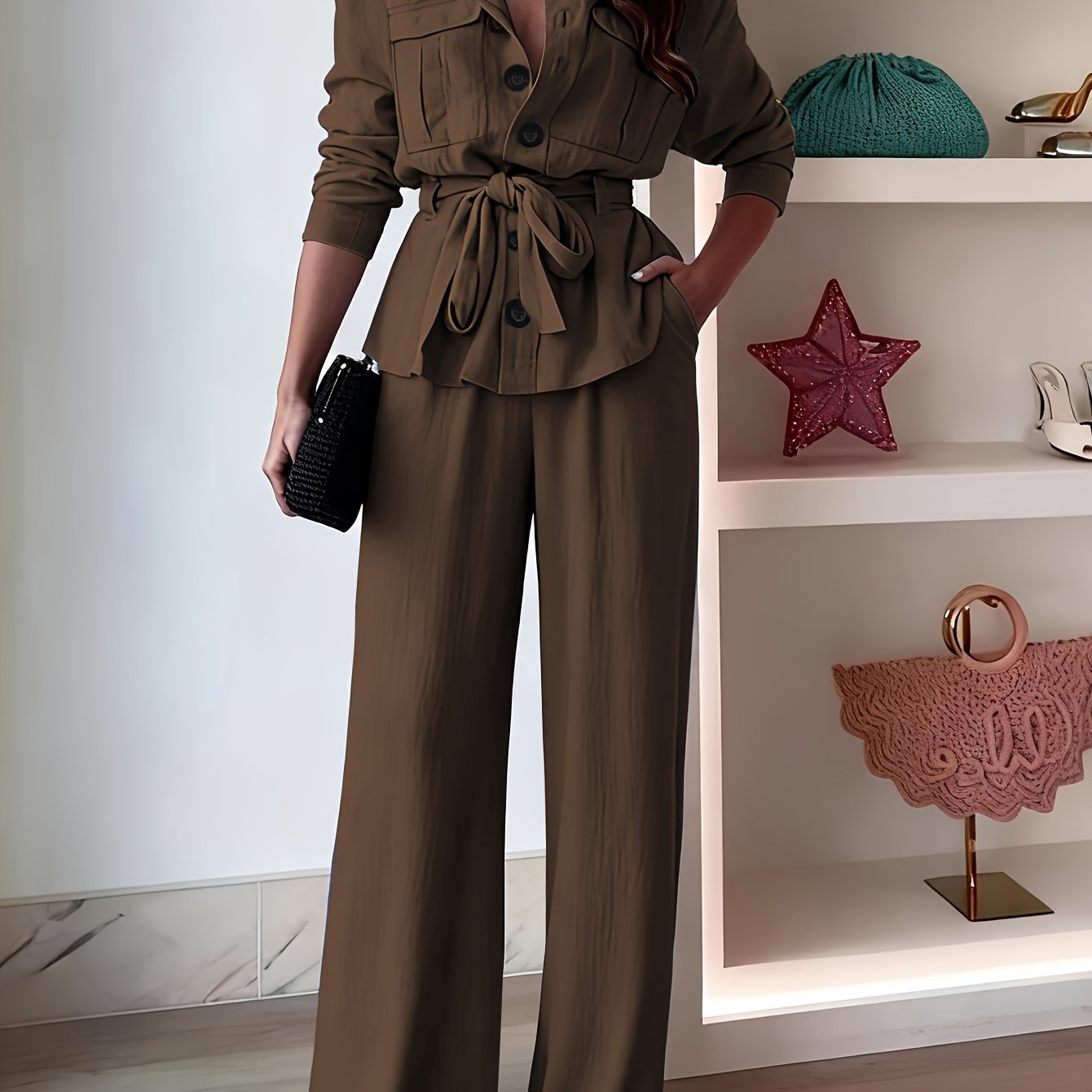 [Two-Piece Set] Casual Two-Piece Set Featuring a Collared Long-Sleeve Shirt with Buttons And Wide-Leg Solid Color Pants