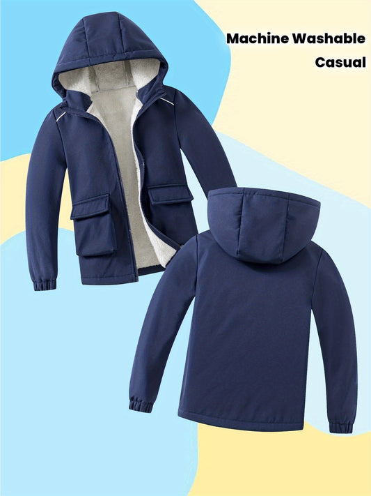 Boys' Winter Jacket with Hood & Full-Zip Closure - Coat for 3+ Years, Navy Blue & White, Machine Washable Outerwear for School, Skiing, Outdoor Play - Warm Casual Coat for Boys