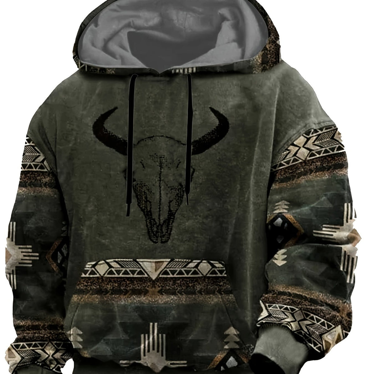 Men'S Retro 3D Digital Print Hoodie with Bull Skull & Tribal Geometric Pattern - Stretch Fabric, Kangaroo Pocket, Machine Washable, Regular Fit Pullover Sweatshirt for Autumn Winter Casual Streetwear - Native American-Inspire