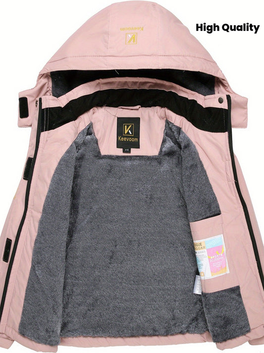 Girls' Heavy-Duty High Quality Windproof Winter Jacket with Hood & Full-Zipper - Pink Coat, Thick Cotton-Like Padded, Golden-Tone Zippers & Logo, White Piping - Cold Weather Snowproof Outerwear for Skiing, & Play