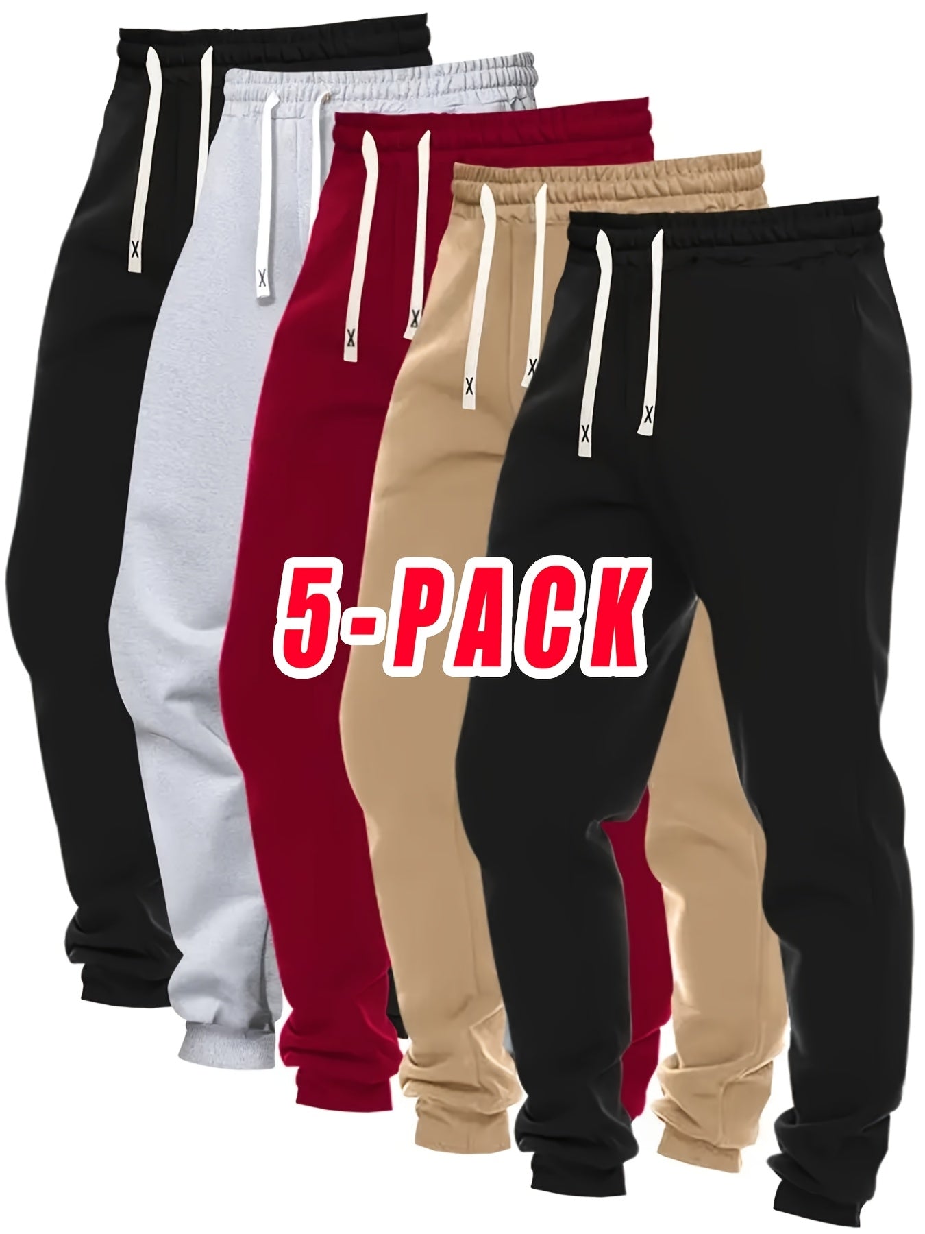 5-Pack Men'S Casual Jogger Pants | Multiple Colors, Elastic Drawstring Waist, Multiple Pockets, Breathable Fabric for Gym, Running, Lounge & Casual Attire - Regular Fit Tapered Ankle, Machine Washable