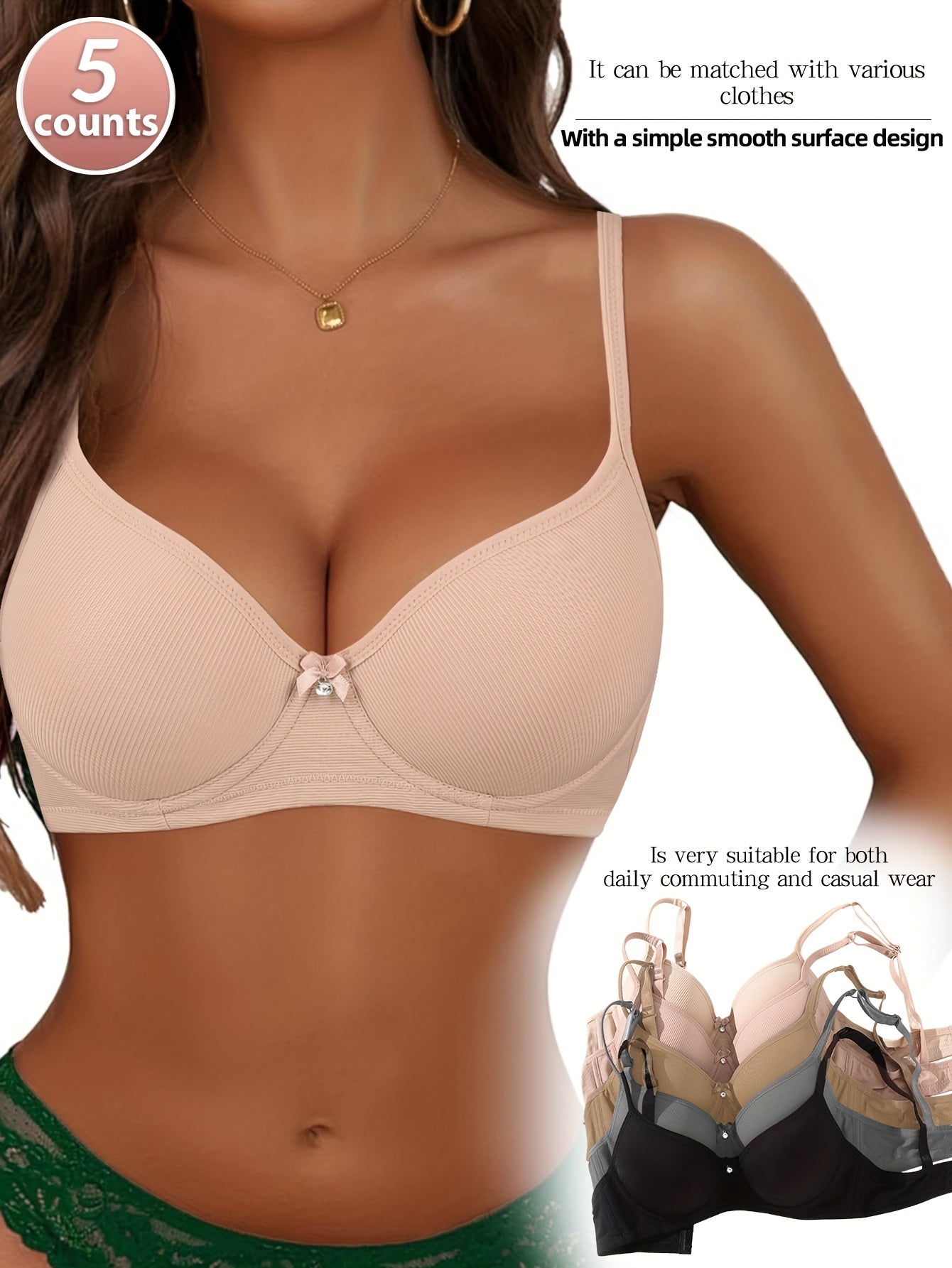5pcs Women's Autumn/winter Smooth Seamless Push-up Bra, Makes Small Breasts Appear Larger/ Prevents Sagging In Medium Breasts, Adjustable Thin Shoulder Straps, Comfortable Soft Underwire Bra for Daily Commutes (5 Colors, One-