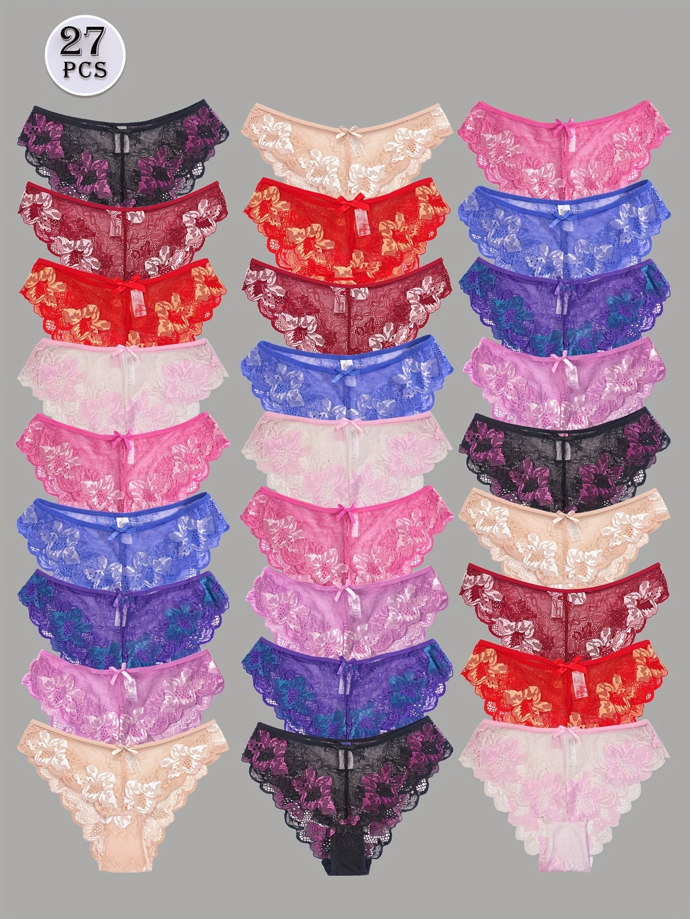 27pcs Mixed Color Women Sexy Flower Lace Low-waistline Panties, Semi Sheer Comfortable Soft Breathable Bow Panties, Novelty Fashion Elegant, Romantic Dating Temptation Panties, Daily Casual Panties,  Intimate Apparel, Stylish