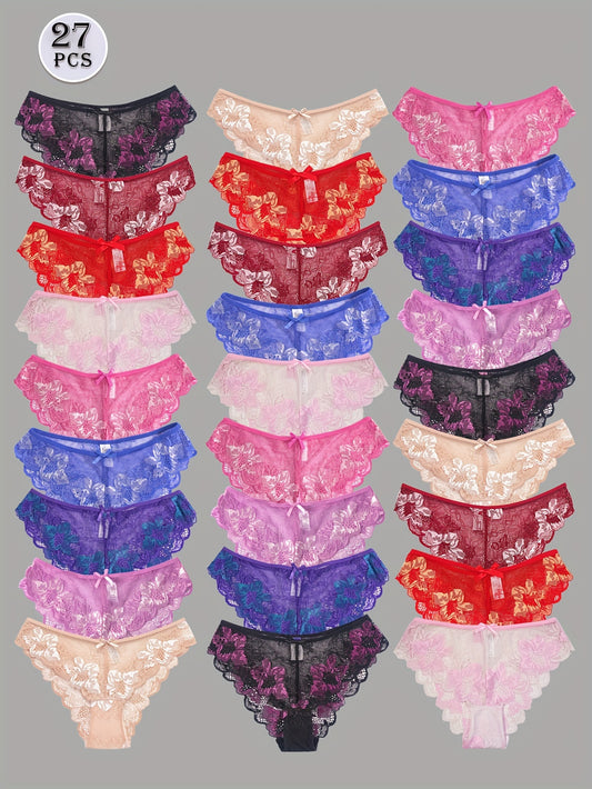 27pcs Mixed Color Women Sexy Flower Lace Low-waistline Panties, Semi Sheer Comfortable Soft Breathable Bow Panties, Novelty Fashion Elegant, Romantic Dating Temptation Panties, Daily Casual Panties,  Intimate Apparel, Stylish