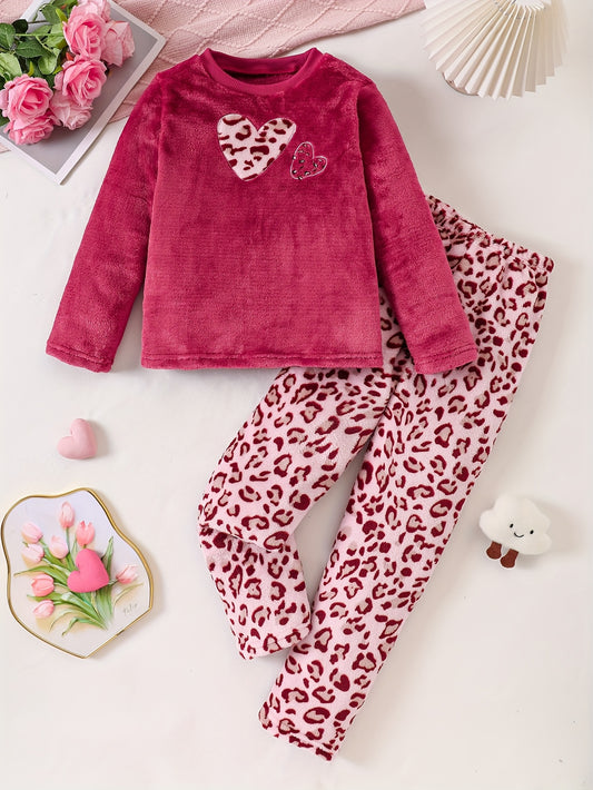 Girls' Long Pants Set, Fuzzy Fabric, Regular Fit, Crew Neck Long Sleeve Top + Elastic Waist Leopard Print Digital Print Straight-Leg Long Pants, Red Heart, Daily Warm and Comfortable, Perfect for Outdoors, Fashionable and Tre