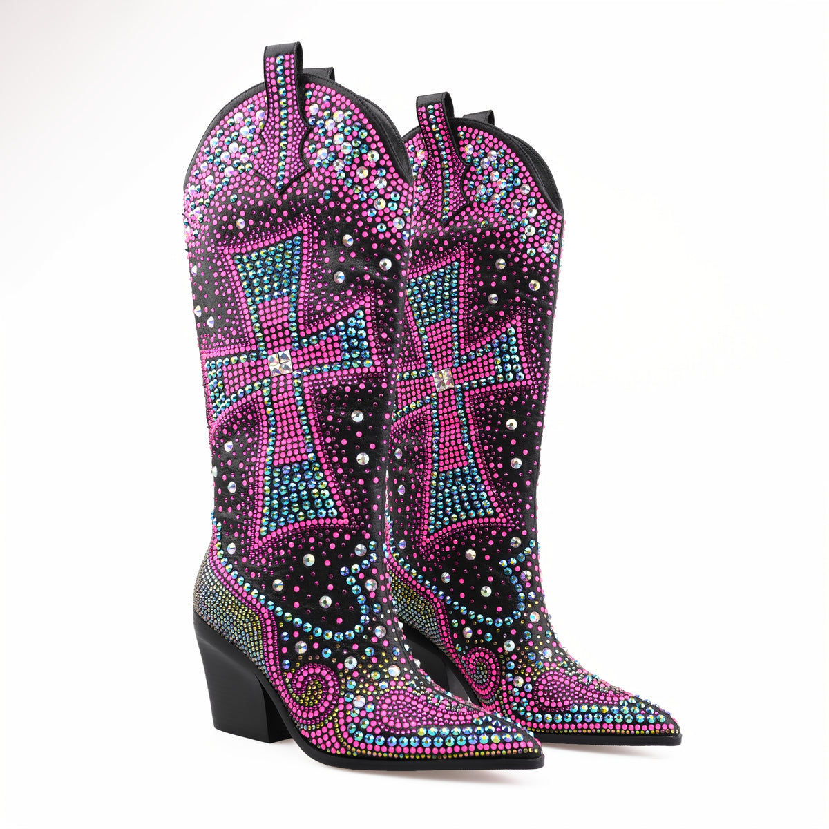 Women'S Western Knee - High Cowboy Boots With Rhinestone Cross | Eye - Catching Bling, Authentic Style | Premium Fabric, Supportive Sole, Soft Cushion | Seasonless For Nightclubs, Parties, Festivals & Shopping Trips