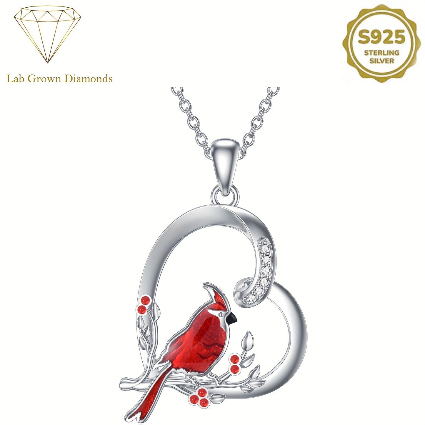 [Red Cardinal Necklace] Sterling Silver Red Cardinal Heart Pendant Necklace | Memorial Jewelry Gift for Women | Christmas, Birthday, Mother's Day, Valentine's Day