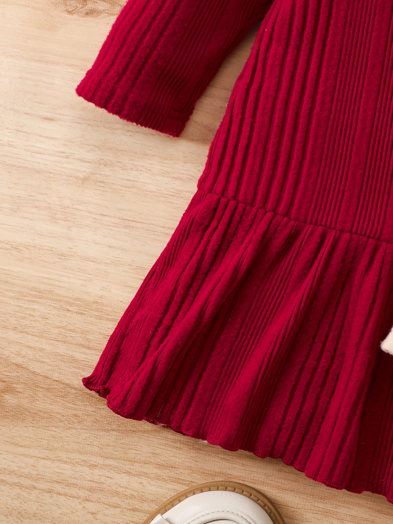 Girls' Casual Knit Two-Piece Dress with High Neck, Ruffled Hem and Button Decor - Knee-Length, Long Sleeve, and Burgundy Set - Perfect for Home, Outdoor, and Parties - Spring/Fall Seasonal Wear, Cute Dresses