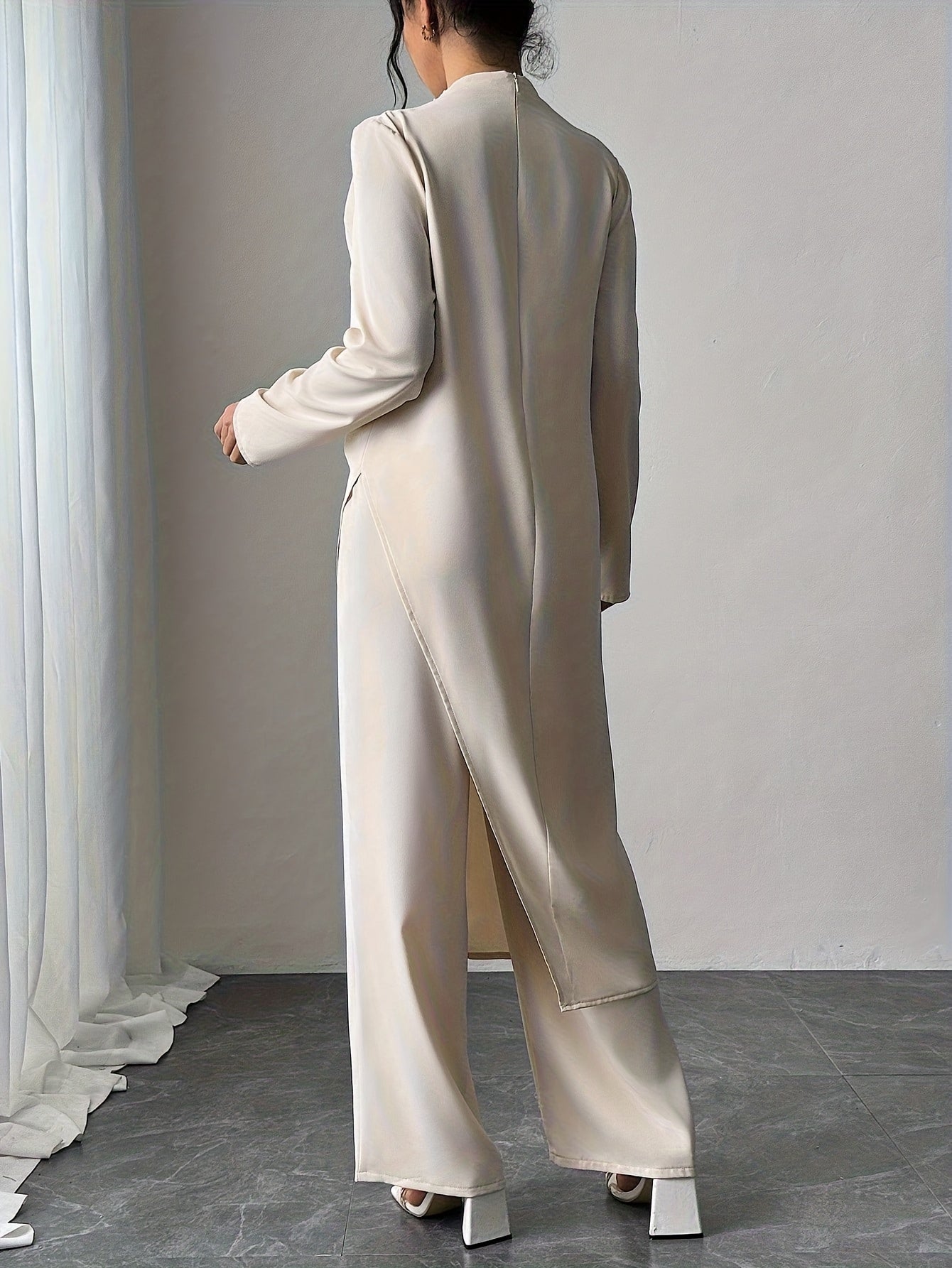 Women'S New Spring And Summer Fashion Set Featuring an Elegant Solid Color High-Neck Long-Sleeve Top with an Asymmetrical Hem And Wide-Leg Pants, Perfect for Casual Daily Wear