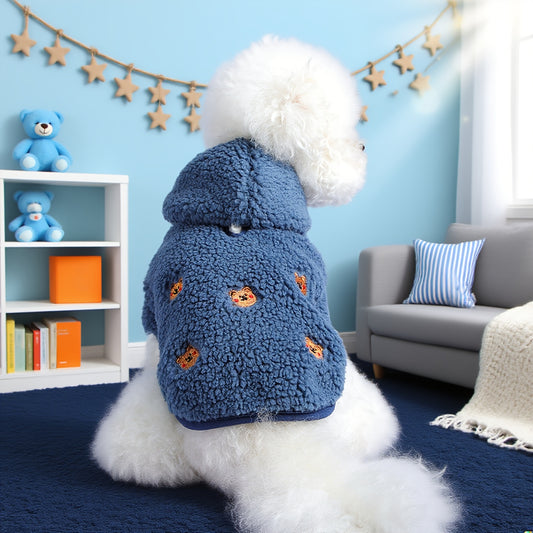 Soft Knitted Puppy Sweater with Fluffy Pom-Pom Hat - Winter Warm Dog Coat for Small Breeds, Snap Button & Zipper Closure, Cozy Blue Floral Design, Durable & Comfortable for Pomeranian, Chihuahua, Shih Tzu - Ideal for Photosho
