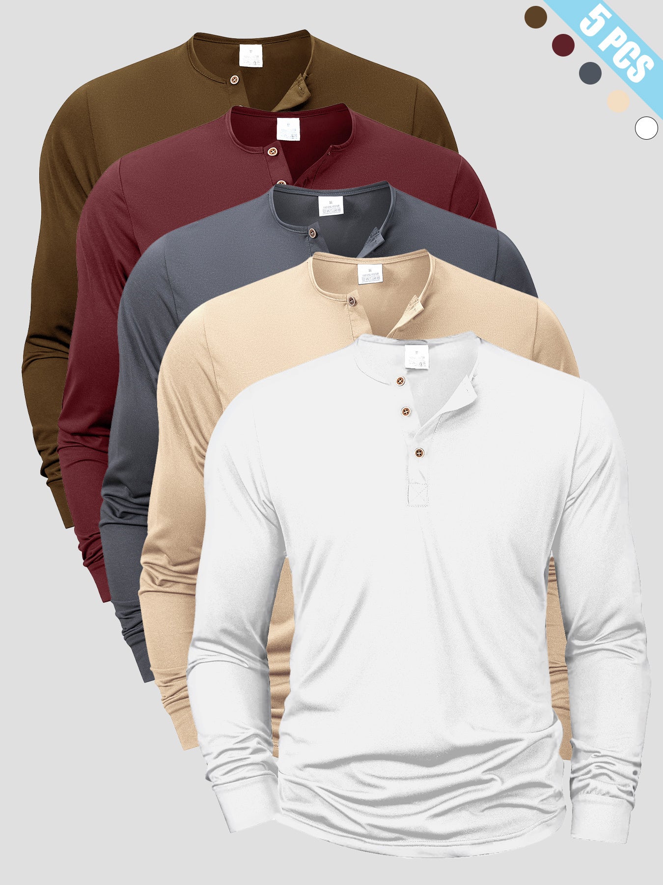 [Men's T-Shirts Set] A Set of Five Versatile Men's T-Shirts Featuring a Henley Style, with a V-Neck Design And Buttoned Half-Open Chest. These Long-Sleeve Shirts Are Easy Yet Stylish, Perfect for Everyday Casual Wear, Sports,