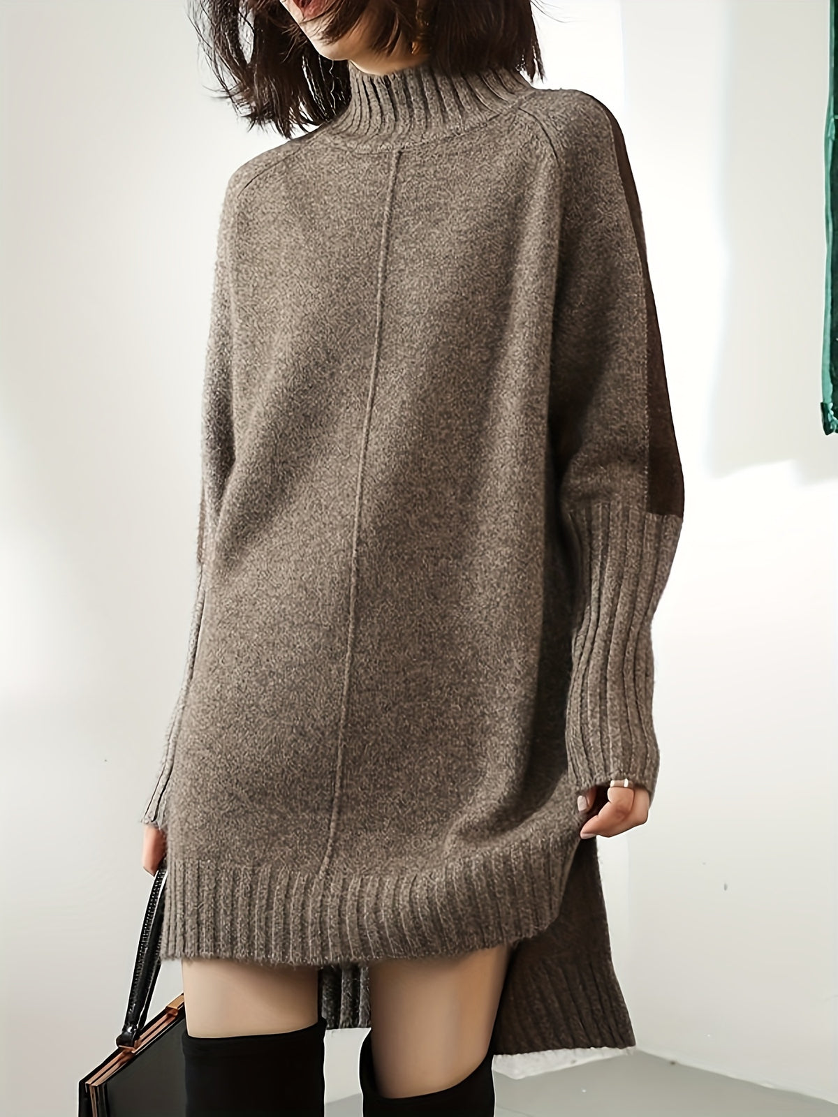 Women's Winter New Loose Elegance Long Sleeves Contrast Color Half Turtleneck Sweater Dresses
