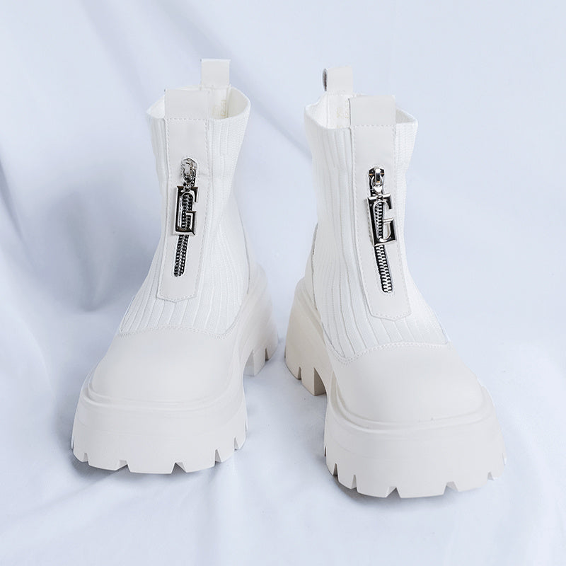 Men'S British Style Chunky Platform Ankle Boots - White Faux Cover & EVA Upper, Thick Rubber Sole, Zipper Closure, Lace-Up Design, Perfect for Business or Casual Wear, Allseason Footwear | Zipper Ankle Boots | Durable Rubber