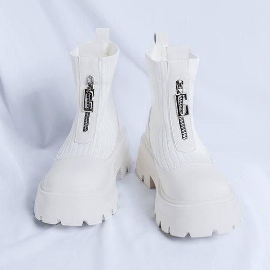 Men'S British Style Chunky Platform Ankle Boots - White Faux Cover & EVA Upper, Thick Rubber Sole, Zipper Closure, Lace-Up Design, Perfect for Business or Casual Wear, Allseason Footwear | Zipper Ankle Boots | Durable Rubber