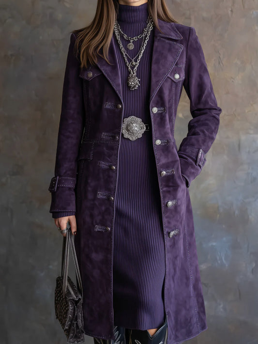 Women's Vintage Button- Long Trench Coat - Collar Elegant Winter Raincoat, Hand Washable H-Silhouette Outerwear for Parties, Weddings & High-End Social Events (Solid Color)