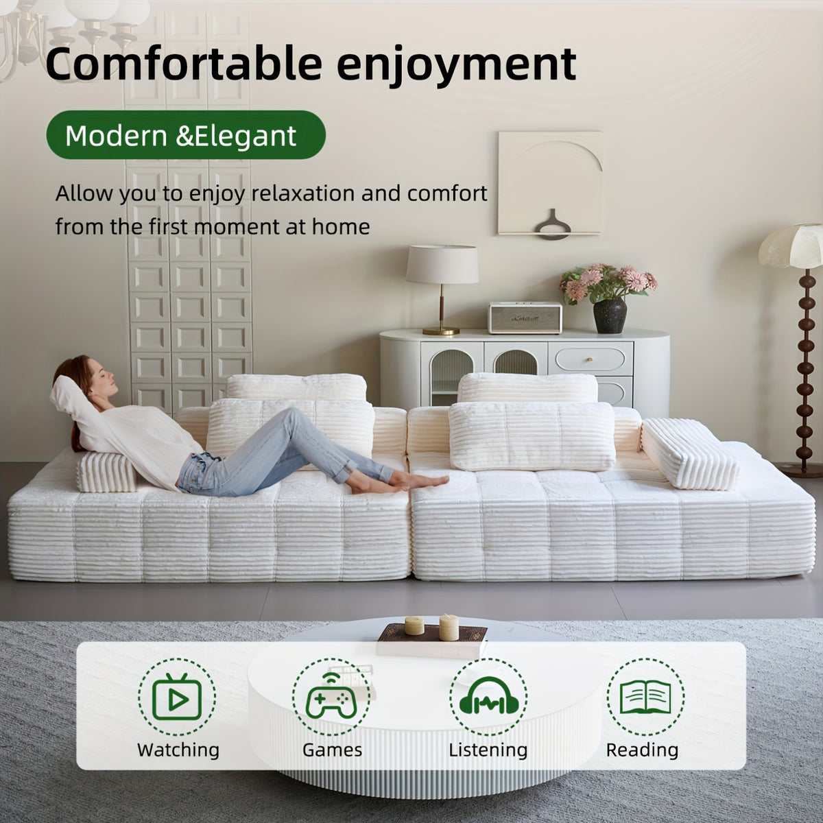110-inch Modern Combination Living Room Couches, Corduroy Boneless Couch For Living Room, Fluffy 4-seater Cloud Couch, Sofa Bed, 4 Deep Modular Sectional Sofa For Living Room Furniture Set, Christmas Home Decor