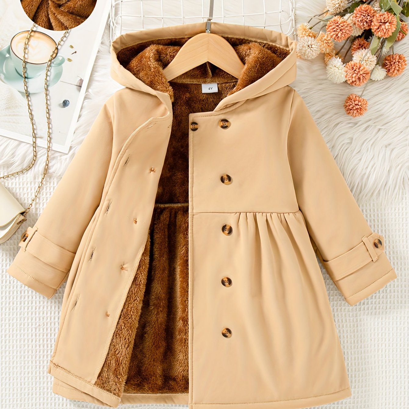 [Girls' Hooded Coat] Mystic Thought Girls' Casual Double-Breasted Hooded Coat with Full-Zip Front, Brown & Animal Print, Long Sleeve, Button-Up, Flared Hem, Non-Stretch Fabric