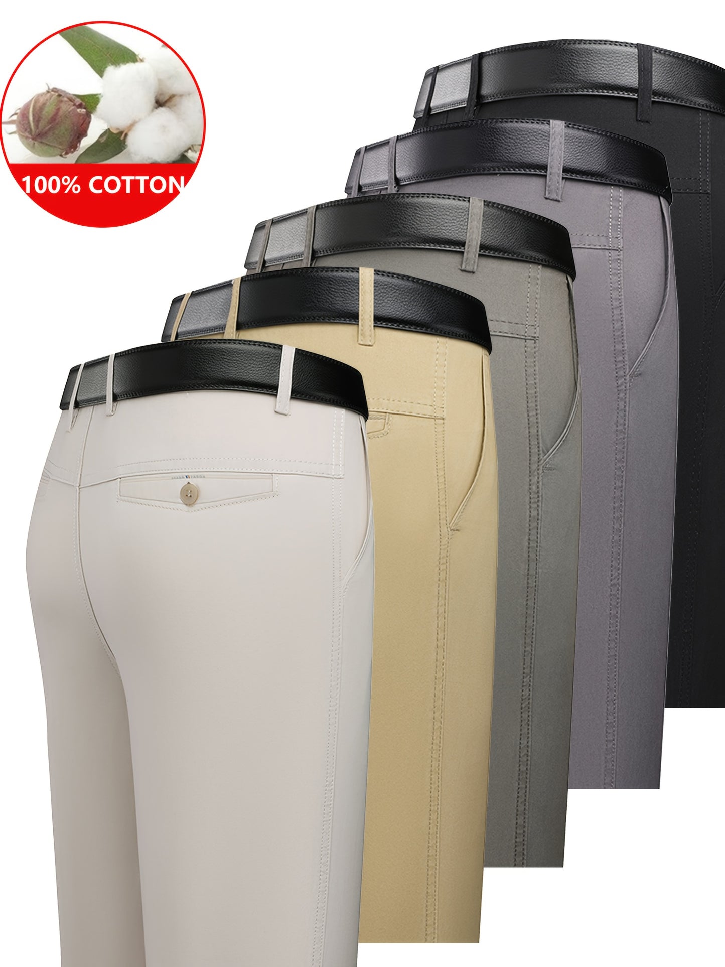 5pcs 100% Cotton Business Casual Pants - High-Waisted Breathable Trousers with Belly, Straight-Leg Cut & Button Closure, Soft Comfortable Pants Suitable for Workplace Commuting & Daily Wear, Spring/Autumn Wardrobe Essential