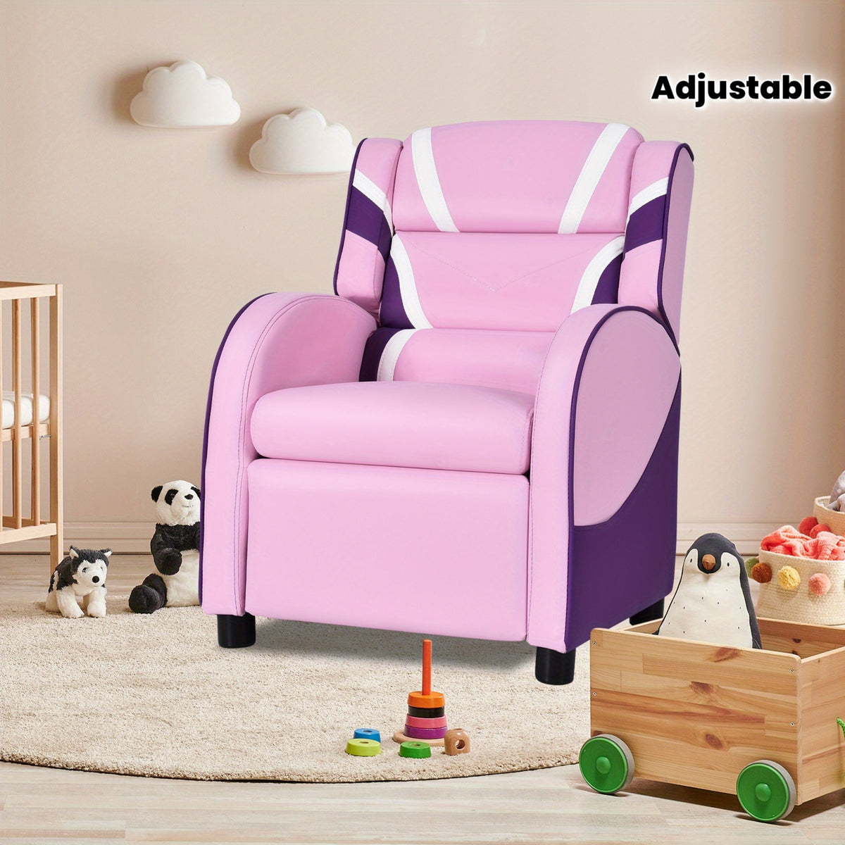 COSTWAY Ergonomic Kids Recliner Chair with Adjustable Backrest (90°-150°) & Storage Pockets, Solid Wood Frame & Faux Leather, Soft Headrest & Armrests, Non-Slip Feet, Modern Pink Armchair for Girls Ages 3-12, Supports 155 l