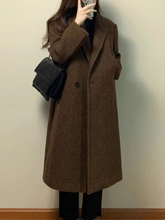 Women's Korean Style Blazer Collar Over-the-Knee Winter Coat - Jacket with Collar, Structured Fit & Mid-Length Warm Trousers-Like Pants-Like Design for, Formal Events, Casual Outfits (Hand Wash/Dry Clean) - Korean