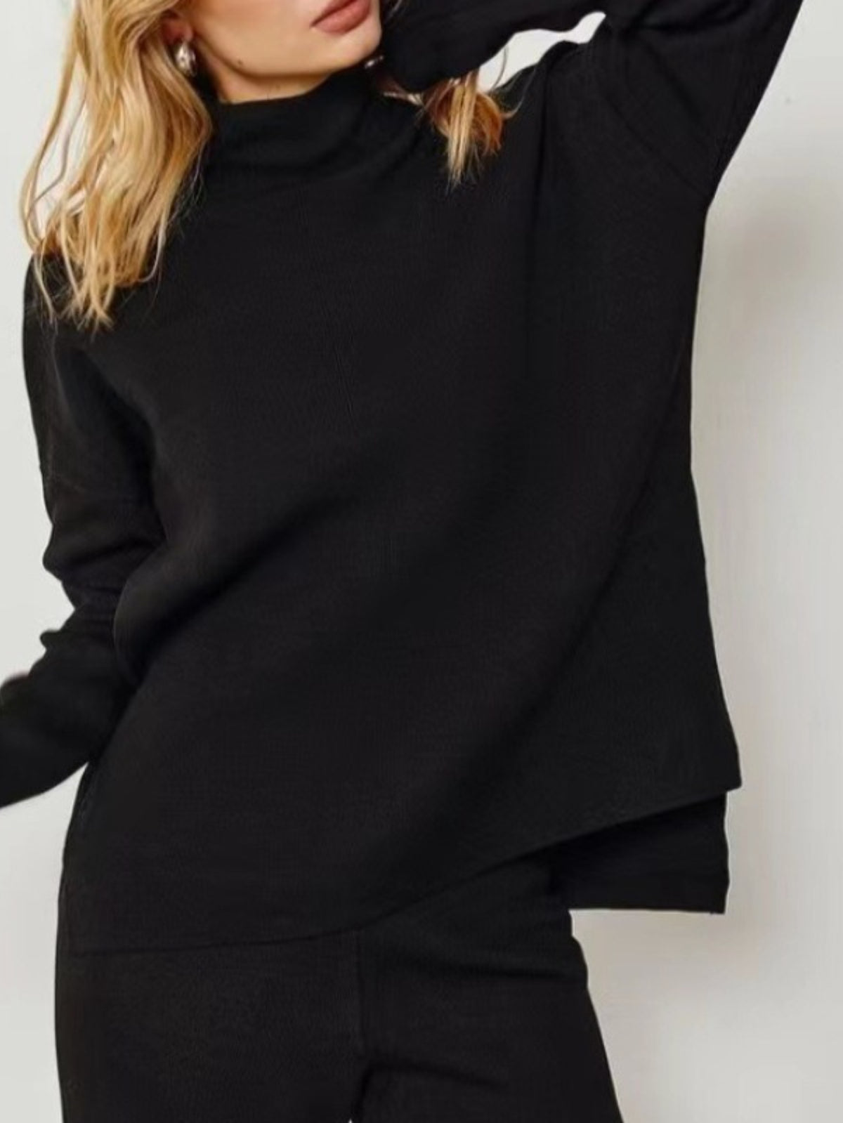 Women'S Elegant Half-Turtleneck Sweater & Pants Two-Piece Set - Oversized Loose-Fit H-Line Silhouette, Soft Stretch Sweater with Asymmetrical Neckline & 3/4 Sleeve, Solid Color Winter Warmth, Casual to Semi-Formal Outfits (Be