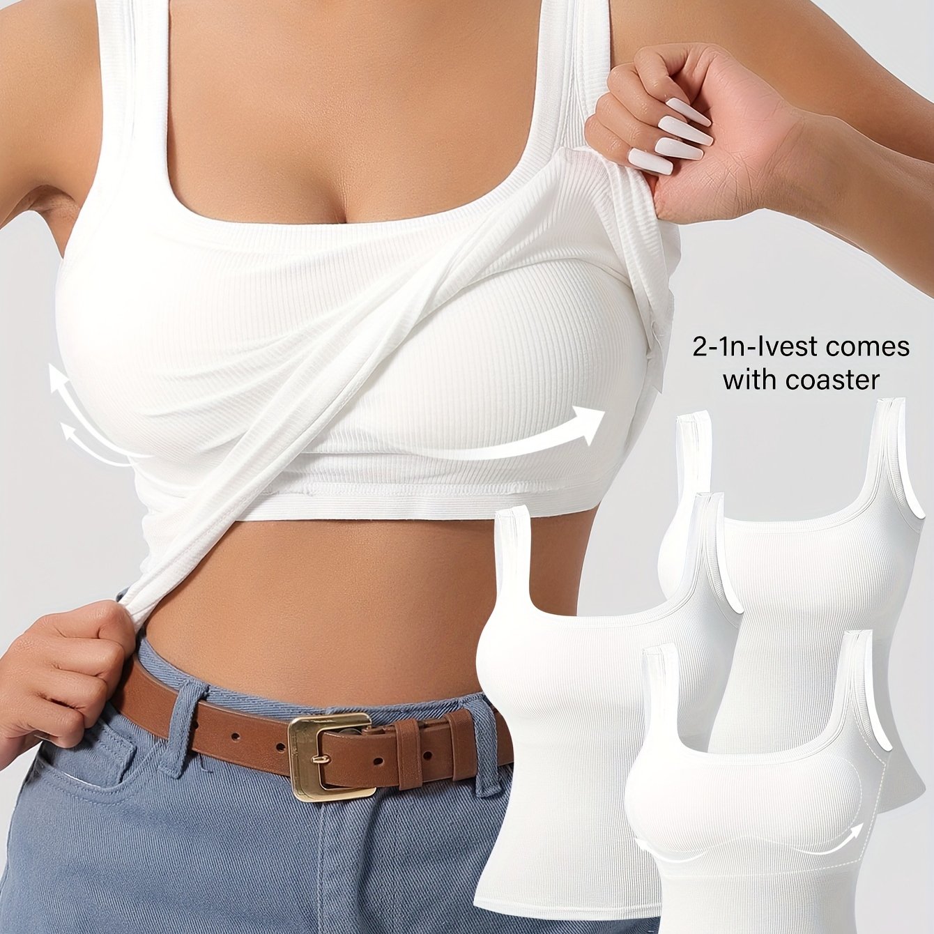 Women's 3Pcs U-Back Tank Tops With Removable Pads, Slim Fit Solid Color Versatile Inner & Outerwear Camisole Vest Set Casual Style