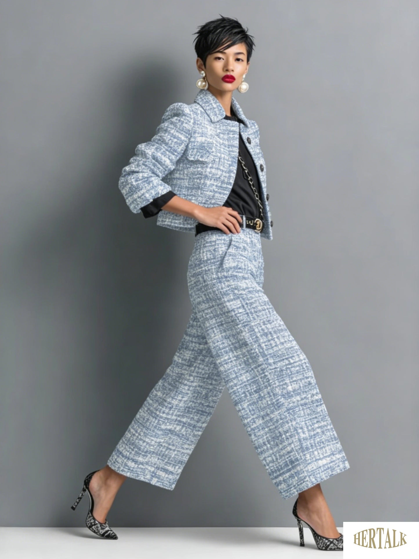 Plus Size, HERTALK's new lapel slim Women's style long-sleeved short jacket paired with wide-leg pants set