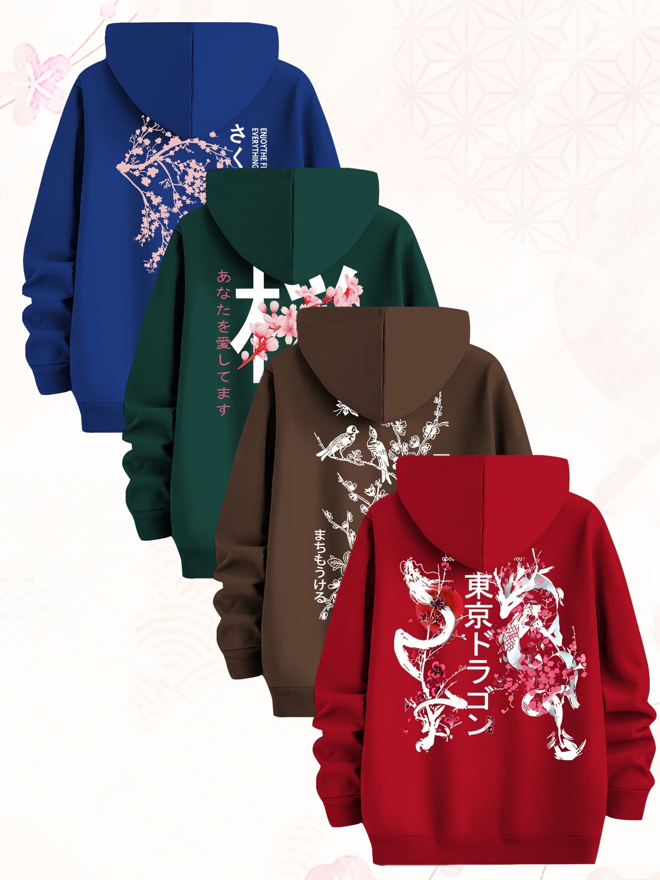 [Set of Four Hoodies] Tokyo Japanese-Style Cherry Blossom Pattern Sweatshirt, Set of Four Men's Hoodies, Made of Polyester Knit Fabric, Casual Style, Regular Fit Hoodies
