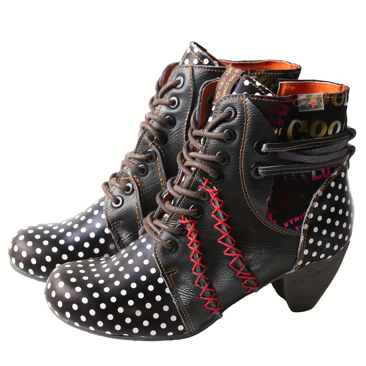 TMA EYES Women's Winter Snow Boots - Thick Heel TPR Sole, Genuine-Like Leather Upper (Second-Layer Cow/Pigskin), Polka Dot & Patchwork Design, Side Zipper Strap, Hand-Stitched Round Toe - Boots for Snow, Ice, Casual &