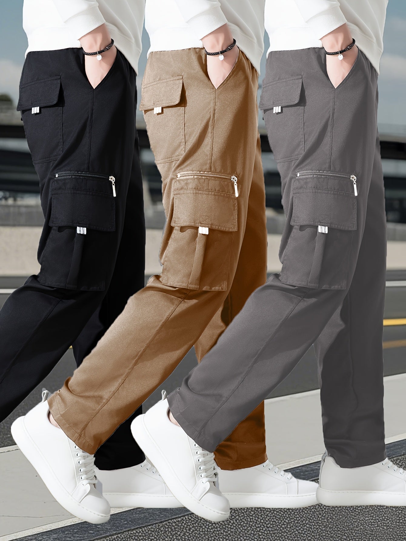 Set of 3 • Men's Outdoor Multi-Piece Work Pants • Solid Color • Classic Style for All Seasons