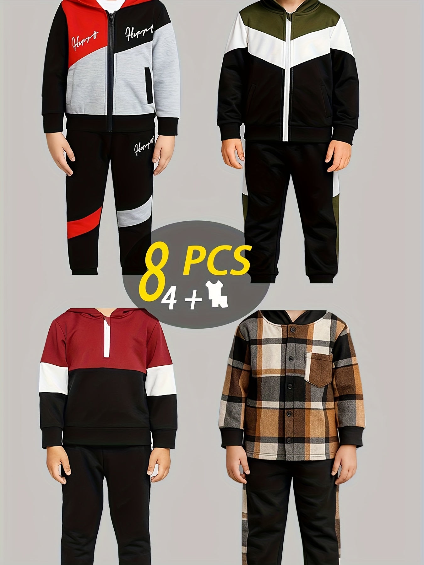 8pcs - Targeted Development Autumn and Winter New 'ashion Long Sleeve Pants Set Pattern Baseball Jacket Outer Coat Splicing Cool Print Sports and Leisure Outdoor Set Four Piece Top Four Long Pants, Perfect for Outdoor, Boy Ou