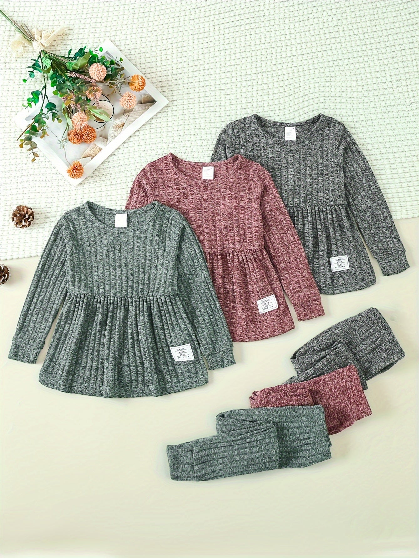 [3pcs Girls' Knit Set] 3pcs Girls' Knit Long Sleeve Dress & Leggings Set | Casual Top & Pants Outfit for Little Girls, Perfect for Outdoor