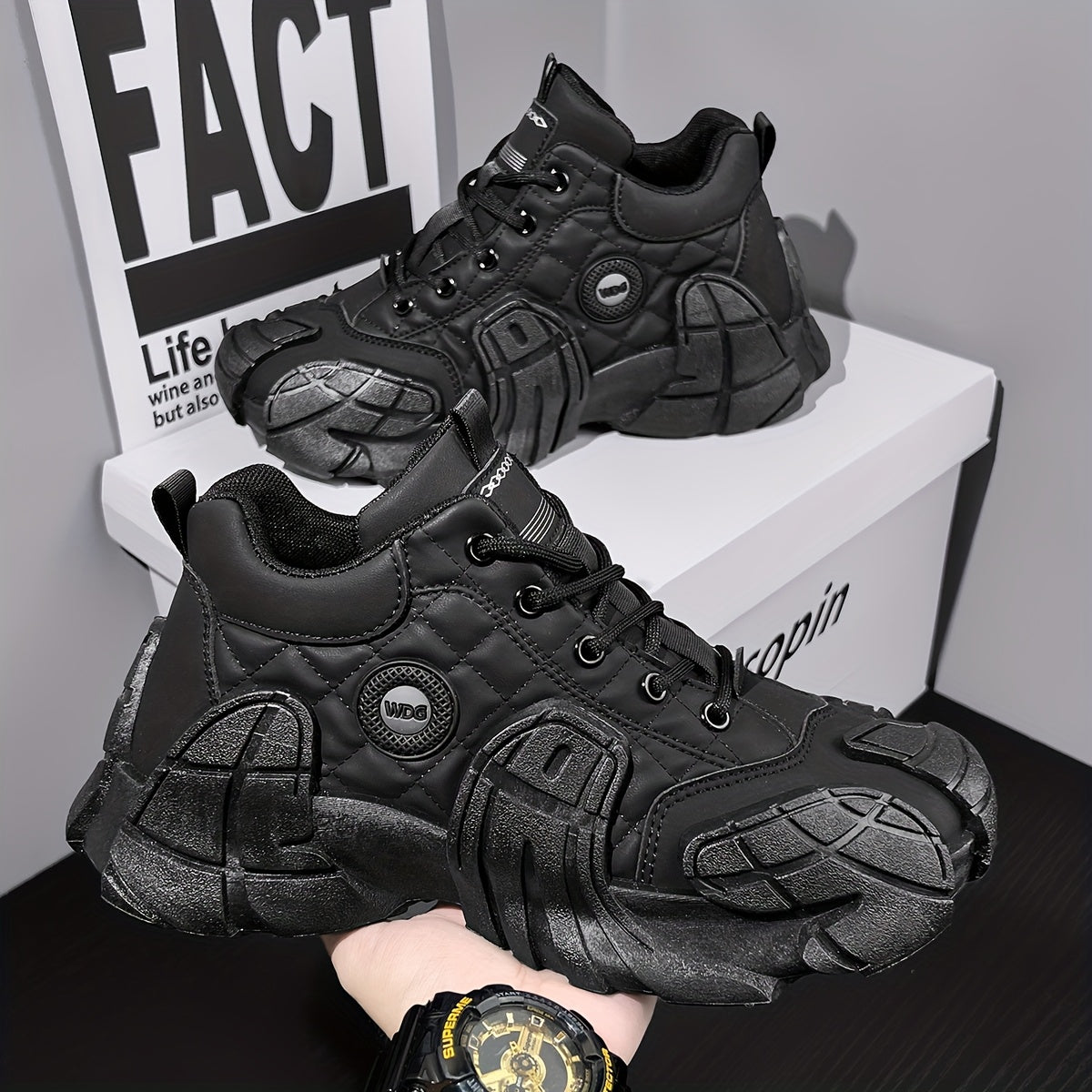 [Men's Sneakers] A Pair of Fashionable Men's Sneakers for All Seasons, Casual Hiking Shoes, Solid Color Thick Sole Dad Shoes, Round Toe Design, Lace-Up Style, Breathable Fabric Upper, Wear-Resistant Rubber Sole, Breathable Sp