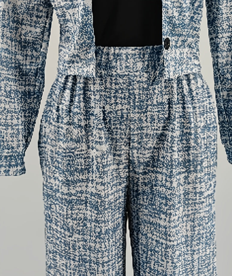 Plus Size, HERTALK's new lapel slim Women's style long-sleeved short jacket paired with wide-leg pants set