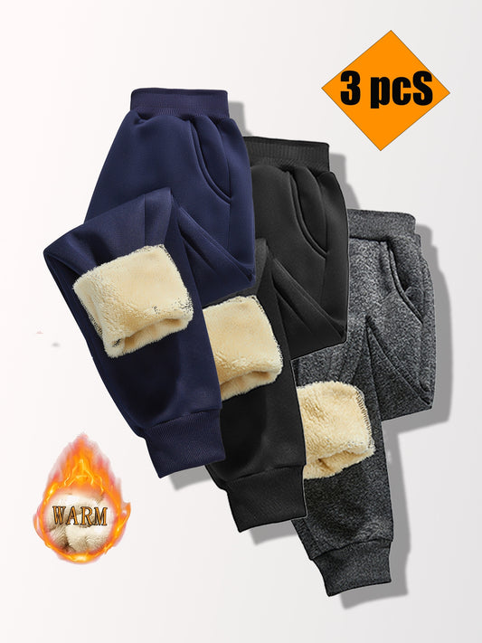 3pcs Boys' Autumn & Winter Warm Fleece-Lined Thickened Pants - Stylish Casual Versatile Outdoor Kids' Clothing, Unisex Trousers with Elastic Waistband & Pockets, for Outdoor, Winter Pants For Boys, Winter Clothes For Boys