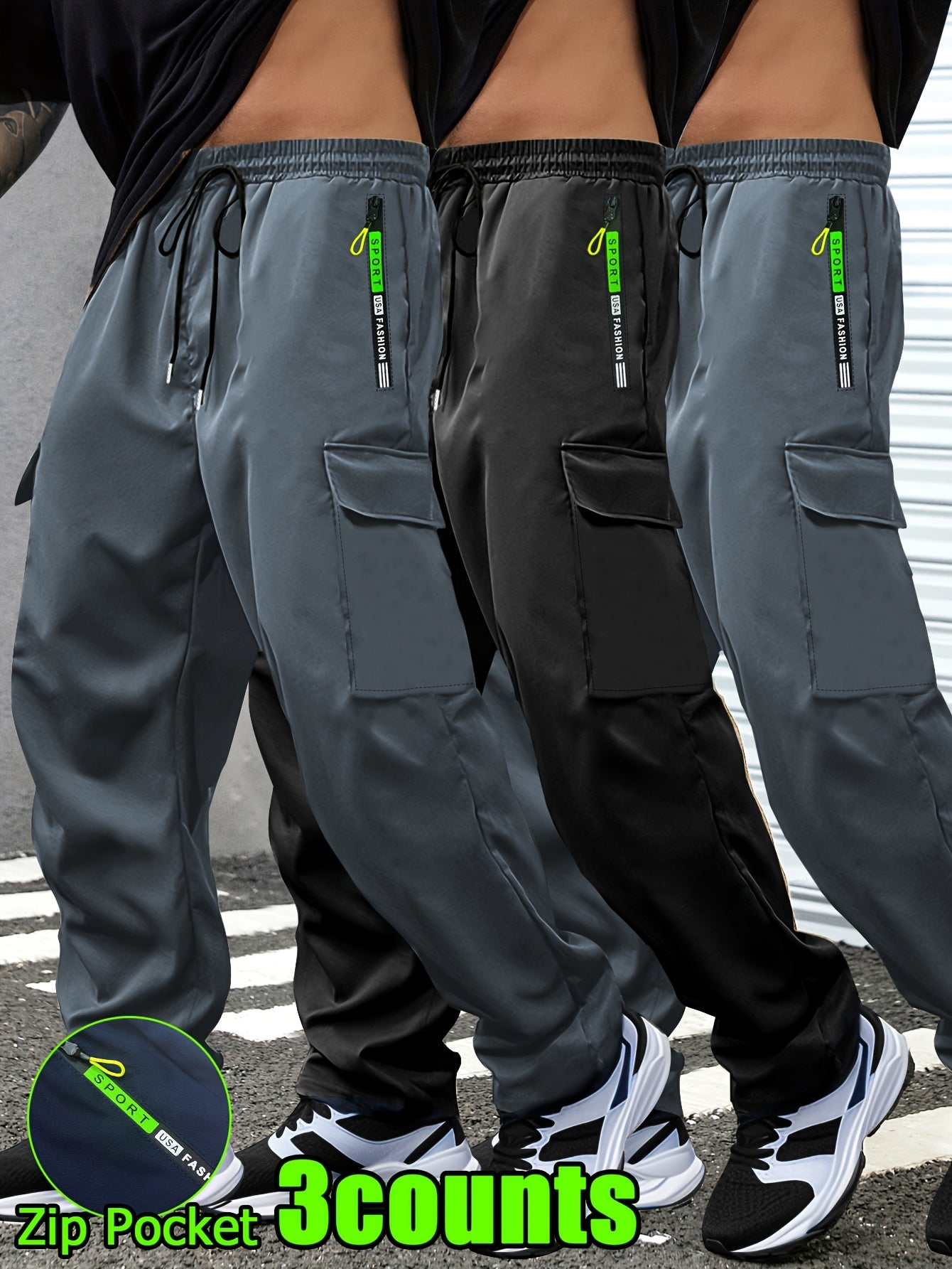 3-Pack of Men'S Thin Work Pants with Drawstring Elastic Waistband, Zipper Pockets, Large Patch Pockets, Comfortable And Breathable, Suitable for Outdoor Daily Leisure
