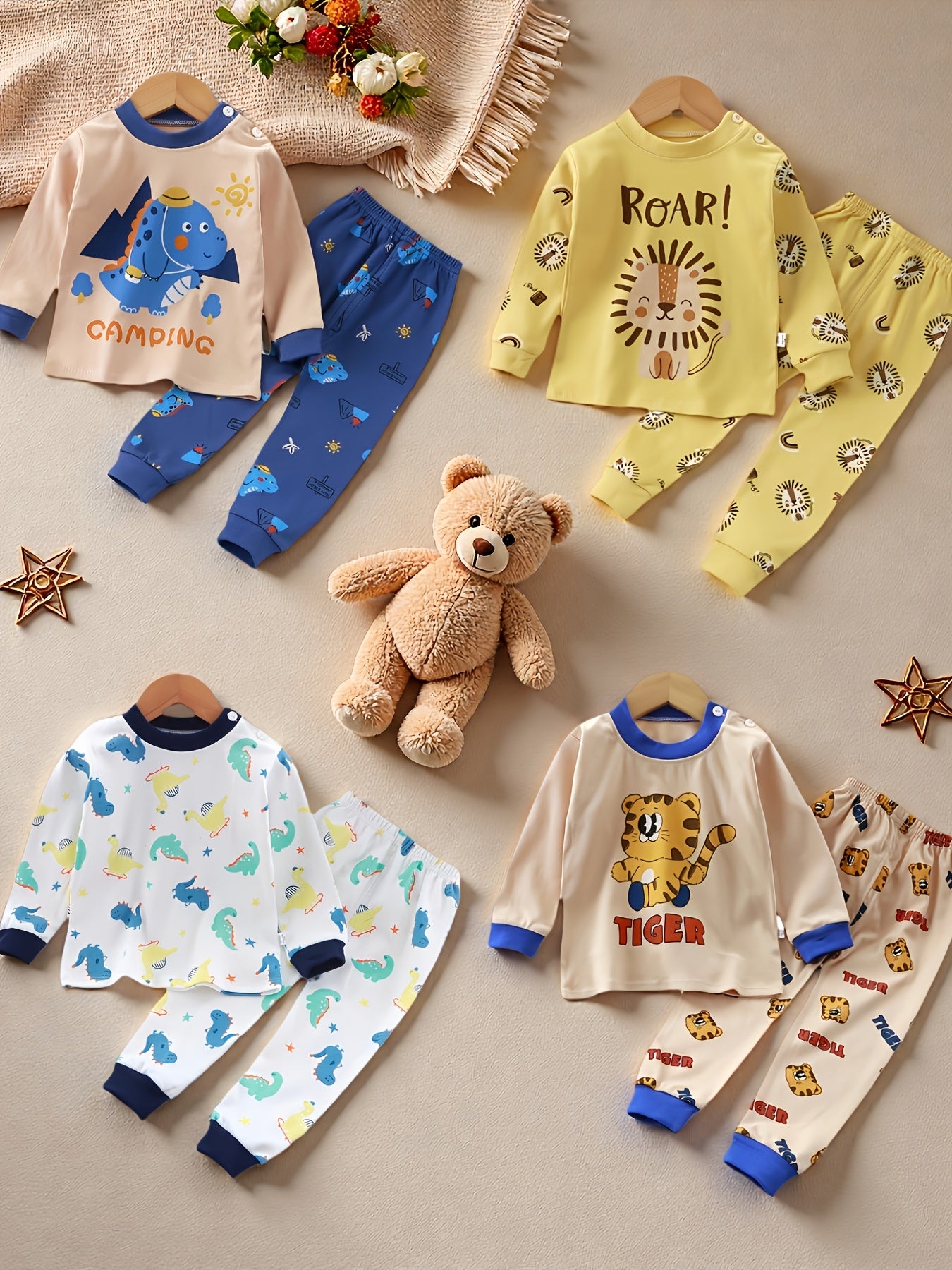 8pcs ' 6-Set 100% Cotton Winter Clothes - Soft & Warm Family Matching Outfits with Lion, Tiger, Bear, Dinosaur, Camping & Jungle Animal Prints | Cozy Playtime & Christmas Party Outfits | Ideal Gift Set for ( to 5 Years) - Eas
