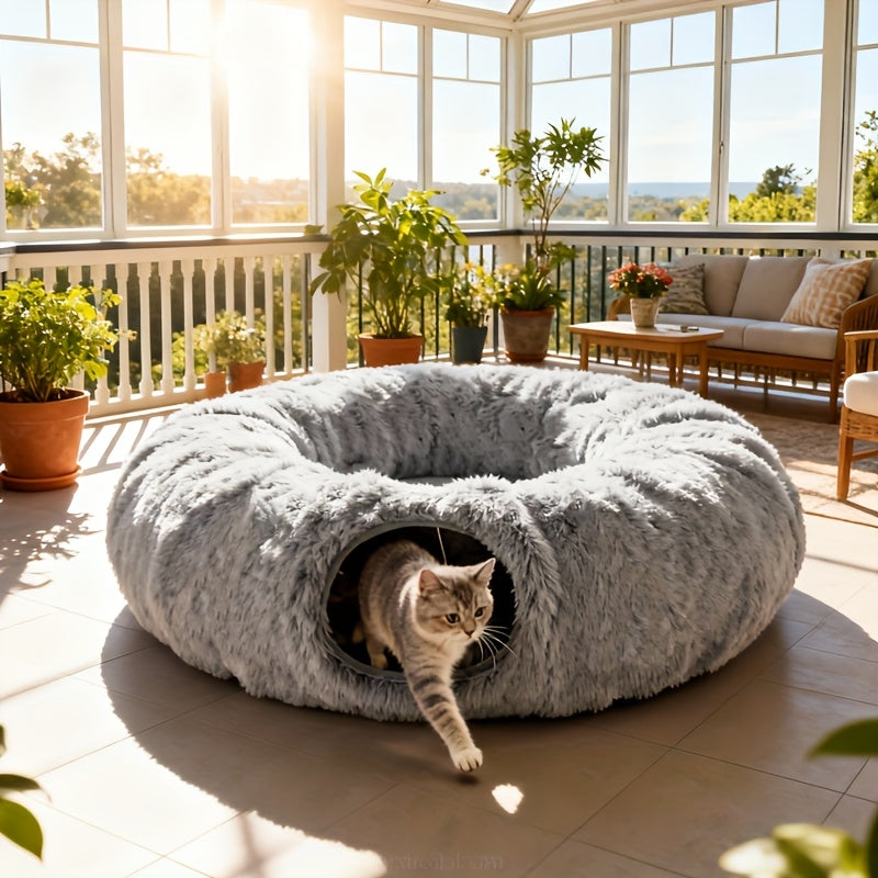 [Cozy Nest for Cats] 2-in-1 Plush Cat Tunnel Bed | Winter Warm Donut-Style Cozy Nest, Enclosed Hideaway with Peekaboo Hole & Hanging Pom Pom Toy, Extra Thick Soft Pet Bed for Anxiety Relief, Deep Sleep, Non Slip Bottom, Multi