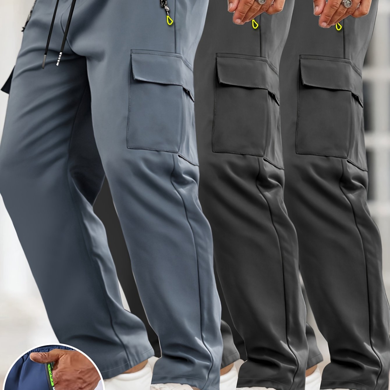 [3pcs Men's Cargo Pants] 3pcs Lightweight Men's Cargo Pants | Drawstring Elastic Waist, Multiple Zipper Pockets & Large Side Pockets | Breathable Regular Fit Casual Outdoor Pants for Spring/Fall (Black/Grey)
