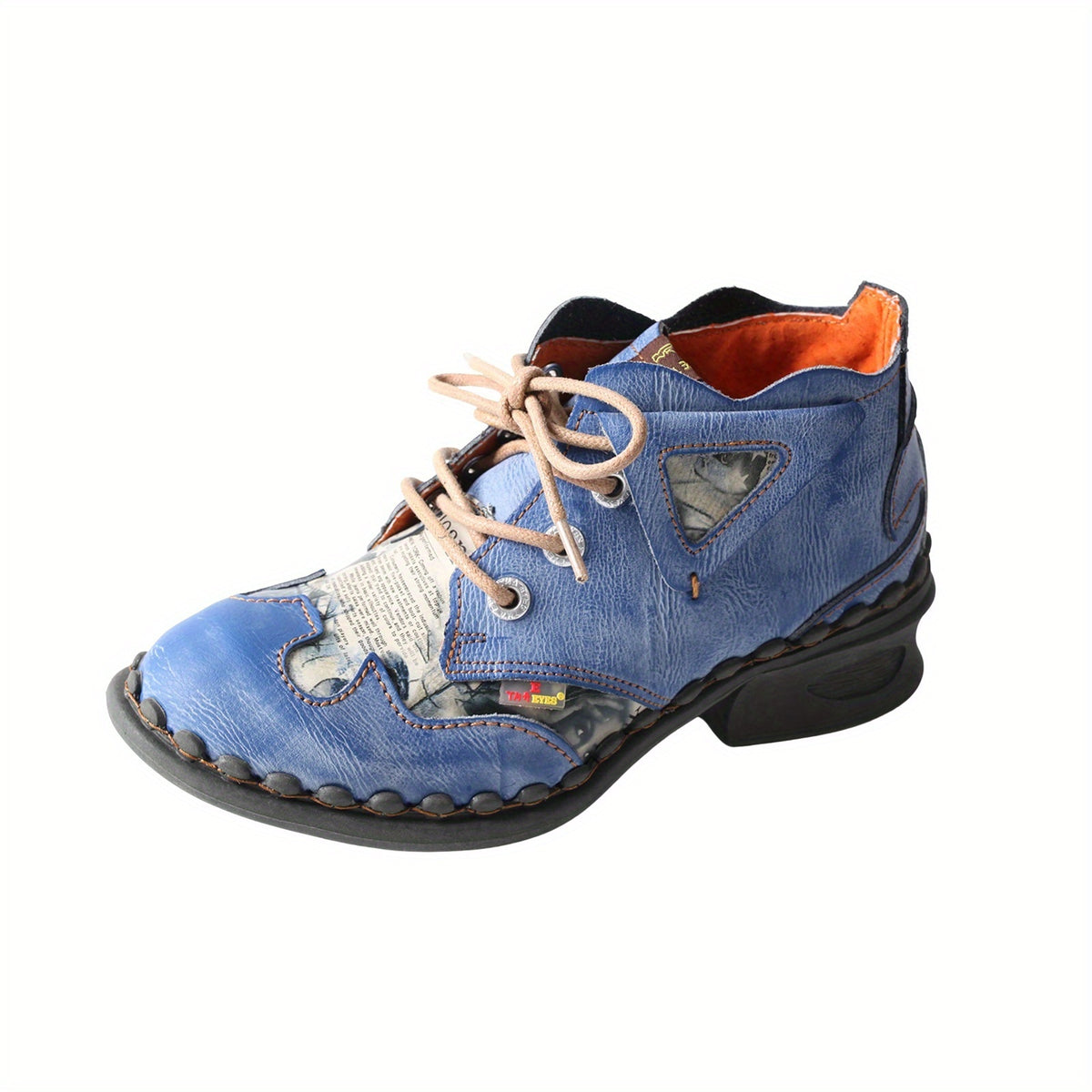 TMA EYES Autumn And Winter American Retro Made Women'S Short Boots With A Cowhide Top, Spliced Newspaper Print, Suede Leather, Thick Heel, Tie Up, Commuting Street Style, Versatile Riding Boots