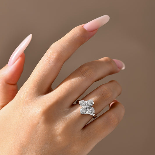 1pc S925 Silver Four - Leaf Flower Ring, Made Of Moissanite, It'S Sparkling, Delicate And Elegant, A Piece Of Jewelry, Perfect As A Gift For Your Girlfriend Or Wife