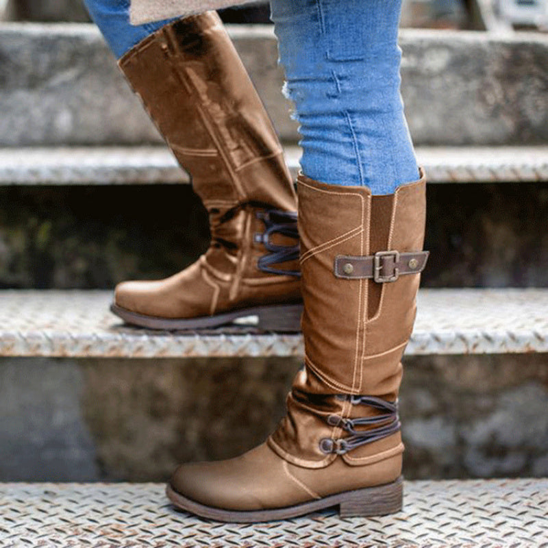 Women's Cover Round Toe Low Block Heel Boots with Buckle & Lace-Up Closure, Thick Winter Warm Cowhide for Casual Outfits, Casual Attire & Cold Weather ( Sole) - Cozy Ankle Booties for Dresses/Skirts/Trousers
