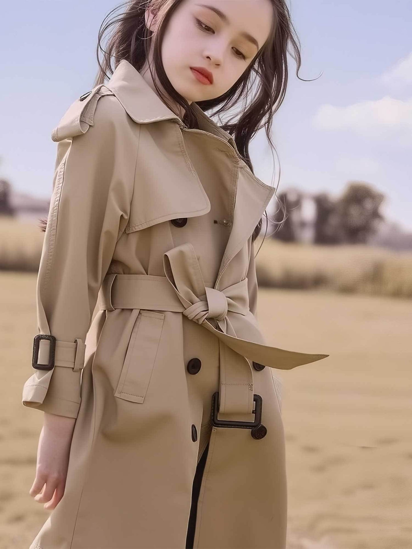 Girls 8-12 Years British-Style Khaki Trench Coat - Mid-Length & Casual Jacket with Belt-Free Waist Cinch, Button Front, Collar & Golden-Tone Buttons - Machine Washable Outerwear for (No-Lift Design)