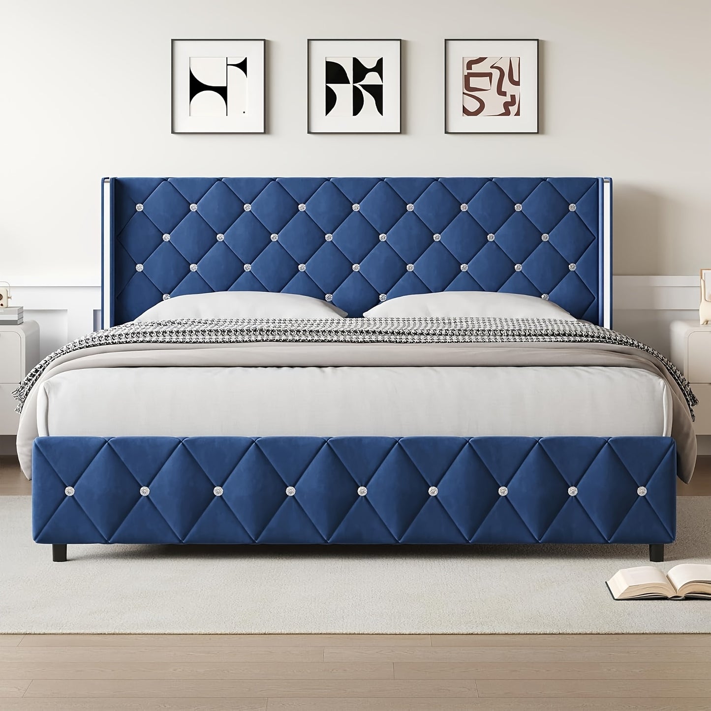 Twin Full Queen King Size Bed Frame, Upholstered Bed Frame with Diamond Tufted Headboard, Modern Silvery Side Wing Back, No Box Spring Needed, Easy Assembly, Purple, Black, Blue, Green, Pink, White